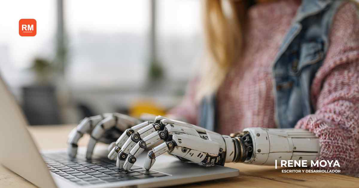 Chica con manos de robot escribiendo en computadora